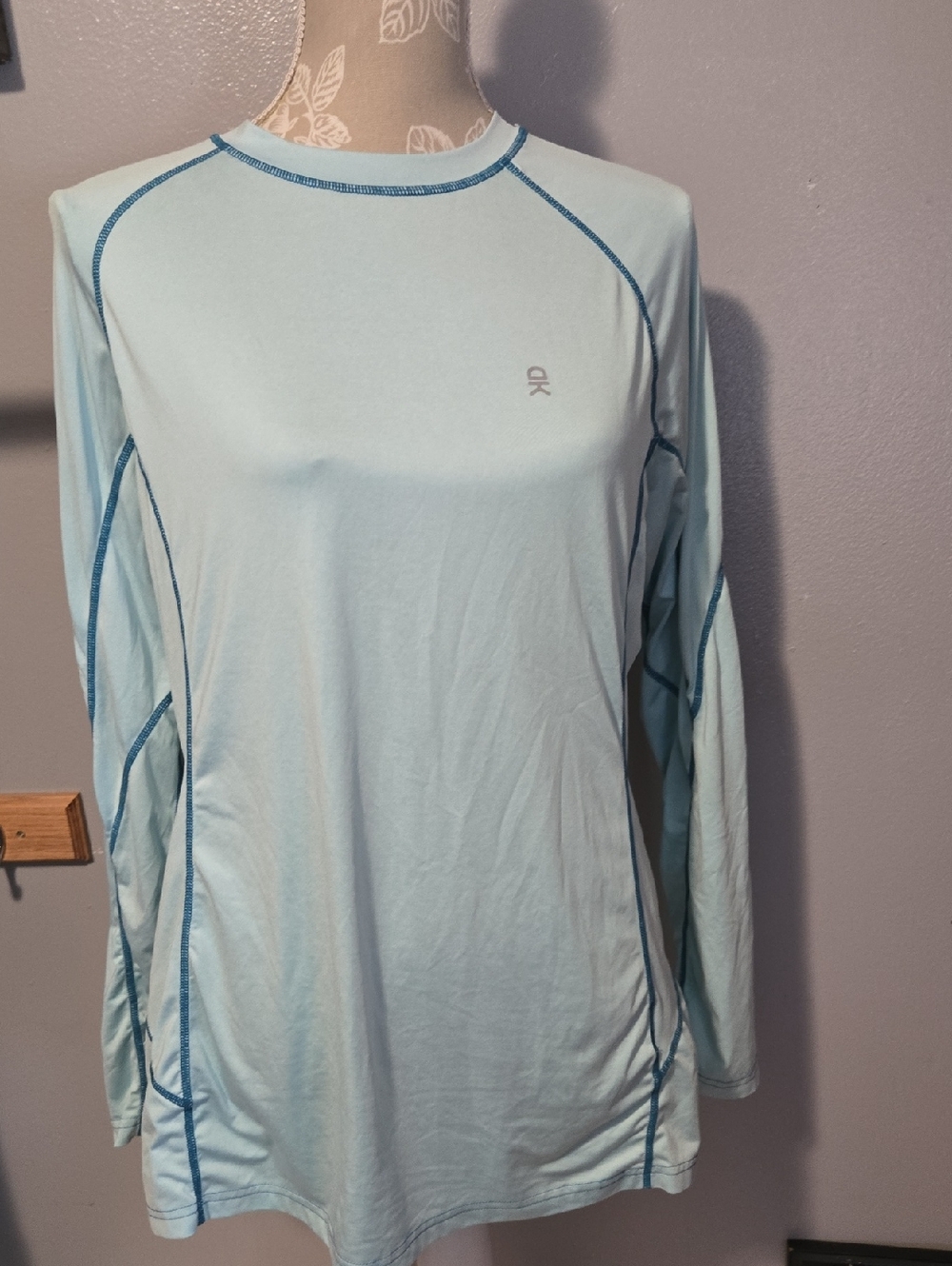 Light Blue Long Sleeve Performance Top with Contrast Stitching